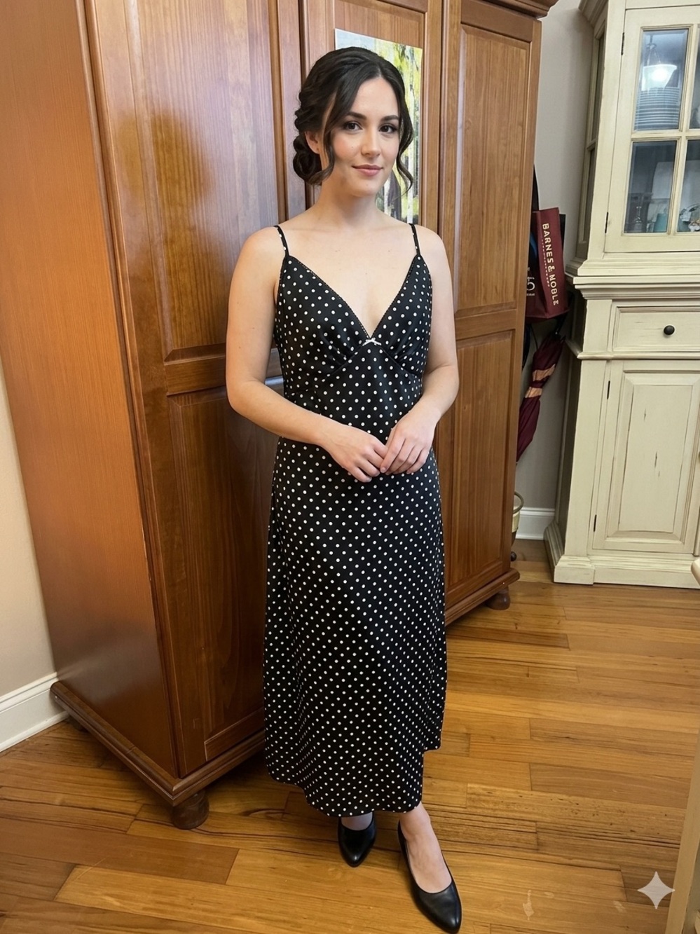 Black Polka Dot Slip Dress with Spaghetti Straps